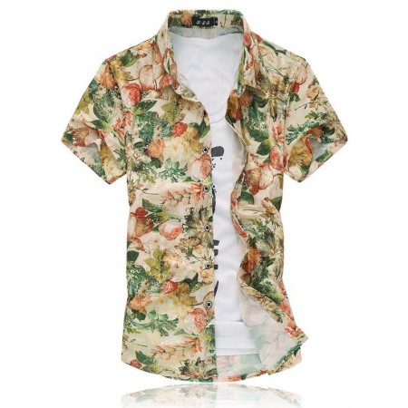 Camisa Masculina Moda Verão Praia Estilosa Fios Dourado Estampa Floral