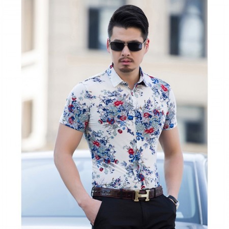 Camisa Branca Floral Masculina Moda Praia Primavera Verão Manga Curta