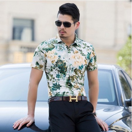 Floral Print Green Fashion Beachwear Men Shirt Short Sleeve Holiday