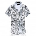 Camisa Masculina Manga Curta de Botão Branca Floral Estampada
