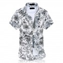 Men's Short Sleeve Printed Floral White Button