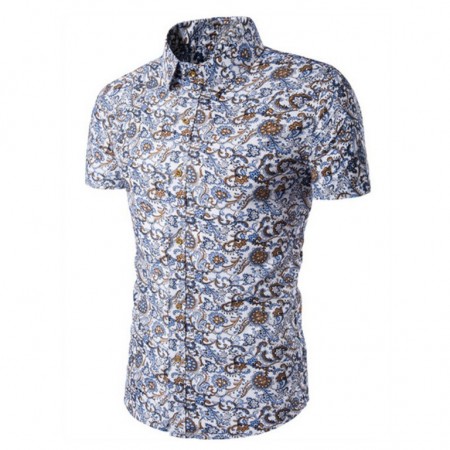 Men's Floral Shirt Printed White Button Casual Beach Fashion