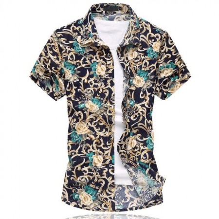 Camisa Floral Estampada Estilo Férias de Verão Havaiana Masculina