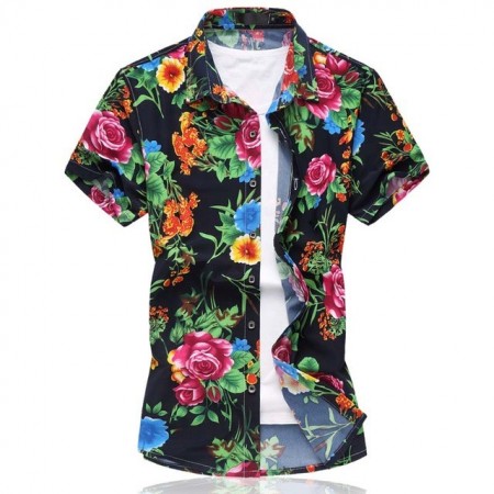 Camisa Floral Estampada Estilo Férias de Verão Havaiana Masculina