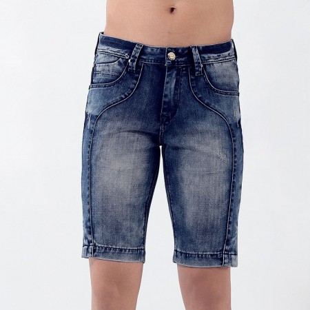 Short Jeans cor Azul Envelhecido Justo Masculino Acima do Joelho