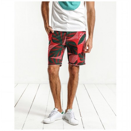 Bermuda Curta Masculina Casual Estampada Verde e Vermelho Floral