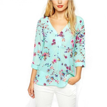 Blue Floral Blouse Casual Women Sleeveless Summer Long