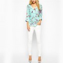 Blusa Azul Floral Casual Feminina Manga Longa de Verão