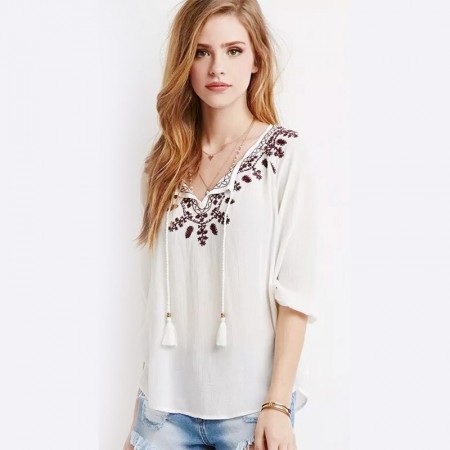 Blouse Casual Embroidery Casual Female White and Blue