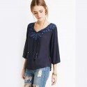 Blouse Casual Embroidery Casual Female White and Blue