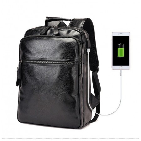 Men's Business Black Backpack Sophisticated Leather Slim USB Battery