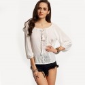 Blusa Casual Praia Branca Feminina de Renda Manga Longa