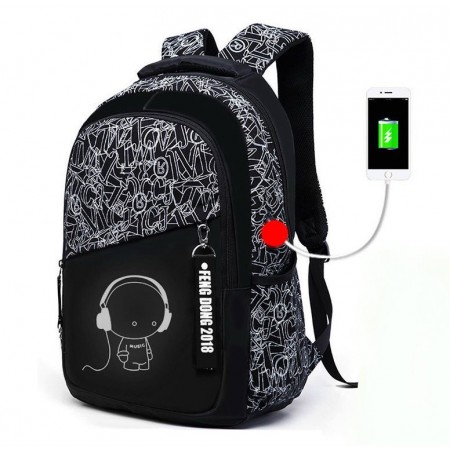 Mochila Estudantil Oxford com USB Estampada Desenhos Unisex