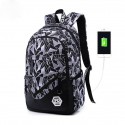 Mochila Estampada Bolsa de Escola Casual Usb Charge Azul e Cinza