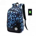 Mochila Estampada Bolsa de Escola Casual Usb Charge Azul e Cinza