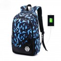 Printed Backpack School Purse Casual Usb Charge Blue and Gray