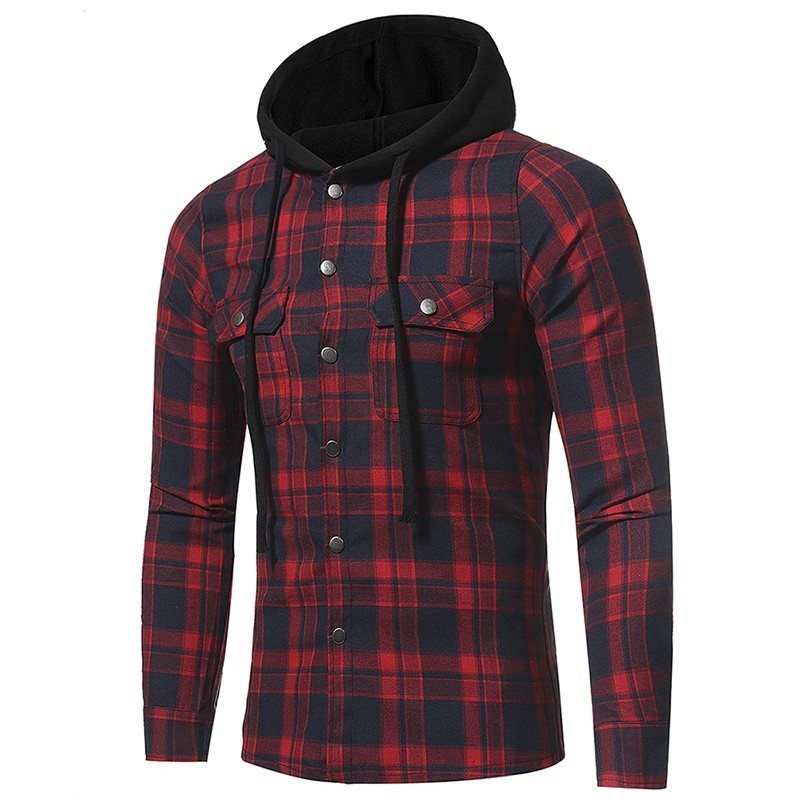 Camisa Xadrez Masculina com Capuz Estilo Streetwear Moda Inverno