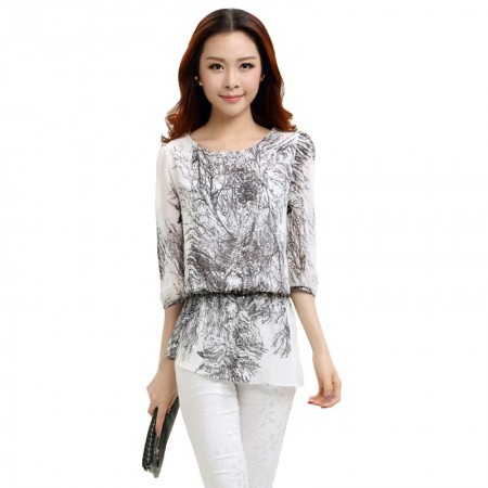 Blouse Long White Embossing Graphite Ladies Casual Top T