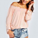 Blusa Casual Manga Longa Preta Rosa e Branca Gola Canoa Feminina