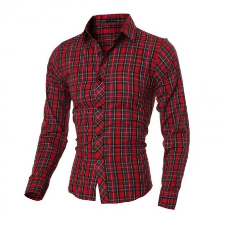 Plaid Shirt Casual Slim Fit Men's Long Sleeve RedPlaid Shirt Casual Slim Fit Men's Long Sleeve Red. Cotton material.