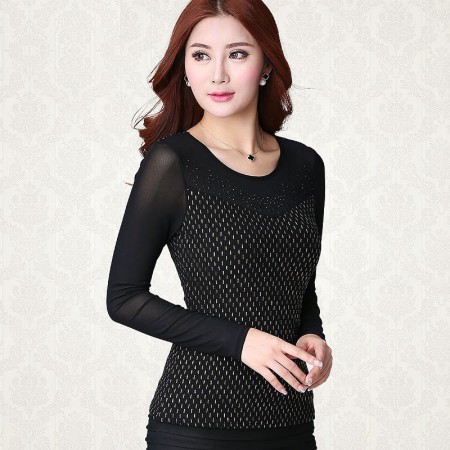 Elegant Ladies Blouse Black Diamonds Party Sophisticated Long Sleeve