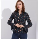 Camisa Feminina Manga Comprida Solta Flor Chiffon Estilo Casual