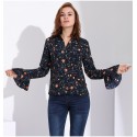 Camisa Feminina Manga Comprida Solta Flor Chiffon Estilo Casual