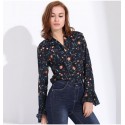 Camisa Feminina Manga Comprida Solta Flor Chiffon Estilo Casual