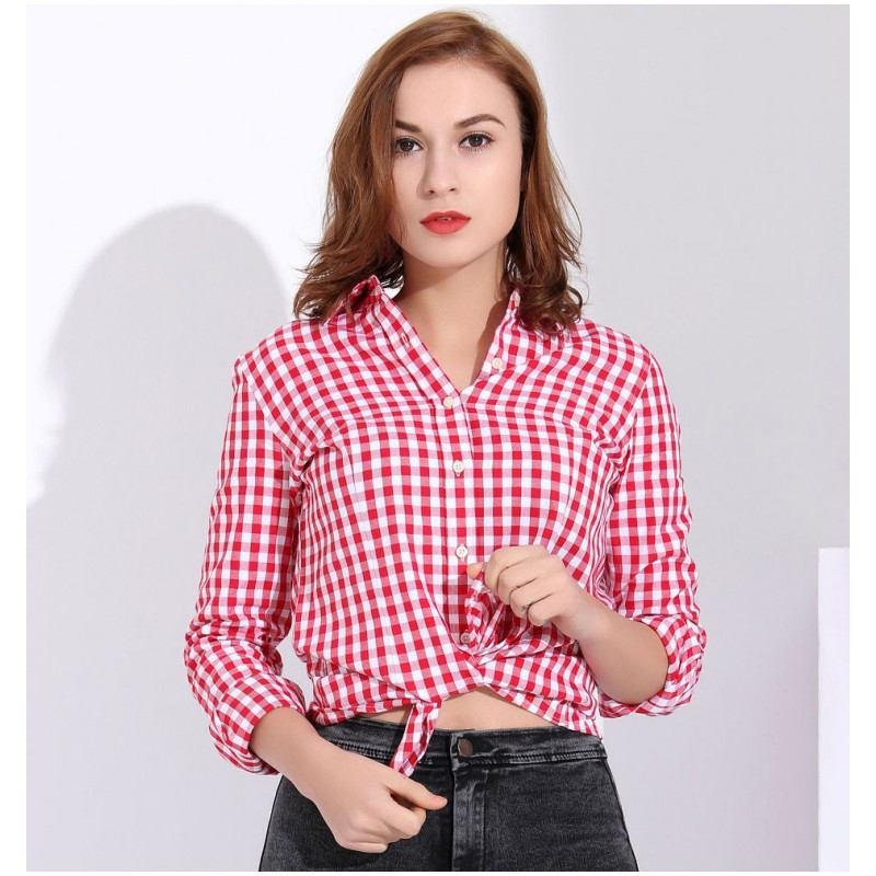 Camisa Xadrez Vermelha Feminina Comprido Moda Quadriculada Manga Longa