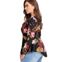 Blusa Floral Feminina Manga Comprida Ocasional Assimetrica Casual