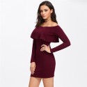 Elegant Burgundy Women's Dress Sexy Pleated Style Winter Style