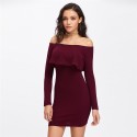 Vestido Feminino Elegante Borgonha Sexy Plissado Basico Estilo Inverno