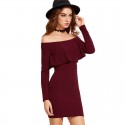 Elegant Burgundy Women's Dress Sexy Pleated Style Winter Style