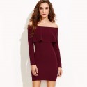 Elegant Burgundy Women's Dress Sexy Pleated Style Winter Style