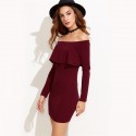 Elegant Burgundy Women's Dress Sexy Pleated Style Winter Style