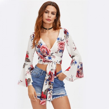 Blusa Feminina Floral Sexy Estilo Casual Manga Comprida Elegante