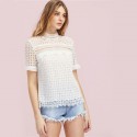 Blusa de Renda Feminina Branca Elegante Estilo Verão Colarinho Tunica