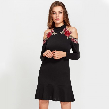 Women's Floral Slim Black Basic Dress Stylish Summer Style