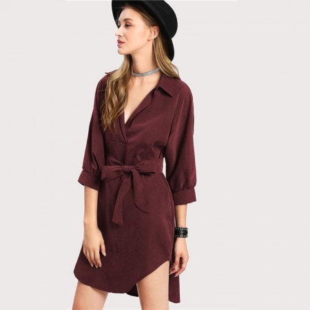 Elegant Women's Casual Dress Asymmetric Female Burgundy