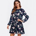 Vestido Floral Feminino Manga Longa Estilo Elegante Casual