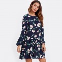 Vestido Floral Feminino Manga Longa Estilo Elegante Casual