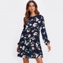 Vestido Floral Feminino Manga Longa Estilo Elegante Casual