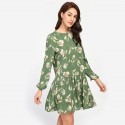 Vestido Feminino Floral Manga Comprida Estilo Outono Casual