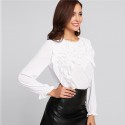 Blusa Feminina Manga Longa Plissado Botão Manguito Elegante