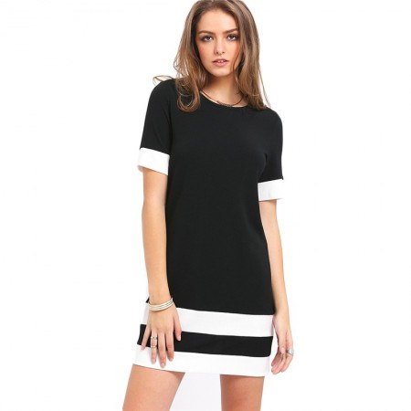 Vestido Listrado Feminino Casual Curto Estilo Preto Branco Manga Curta