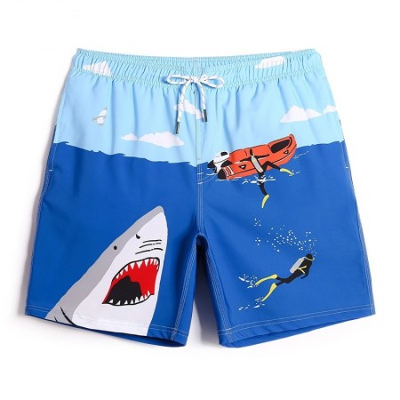 Short de Banho Azul Estampado com Barco e Tubarão Masculino Curto