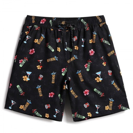 Short Preto Masculino de Bolinhas Estampado Bebidas Tropicais Brasil