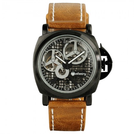 Men's Watch Military Black Casual Leather Automatic Mechanical