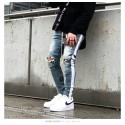 Calça Swag Masculina Jeans Coleção Estampa Listrad Joelho Rasgado