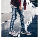 Calça Swag Masculina Jeans Coleção Estampa Listrad Joelho Rasgado